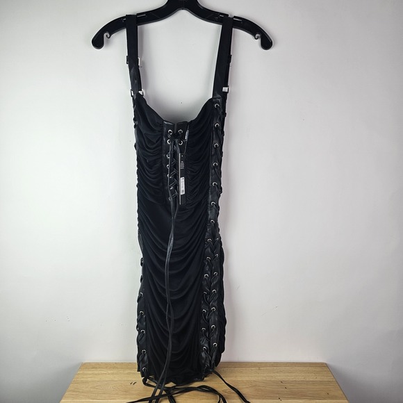 Fashion Nova Lilia Mesh Mini Dress Large Black Lace Up Ruched Curvy Sexy Gothic‎ - Picture 2 of 10